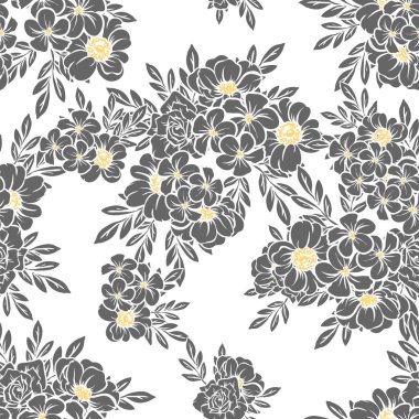 Sorunsuz vintage tarzı çiçek deseni. Siyah ve beyaz çiçek öğeleri.