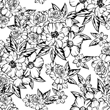 Sorunsuz vintage tarzı çiçek deseni. Siyah ve beyaz çiçek öğeleri.