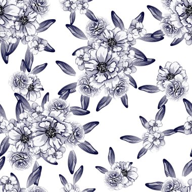 Sorunsuz vintage tarzı koyu mavi çiçek deseni. Çiçek öğeleri.