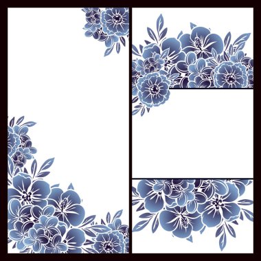 Eski tarz çiçek koyu mavi düğün kartları seti. Çiçek elementleri ve çerçeveleri.
