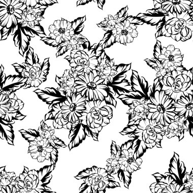 Sorunsuz vintage tarzı çiçek deseni. Siyah ve beyaz çiçek öğeleri.