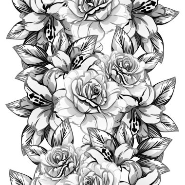 Sorunsuz vintage tarzı çiçek deseni. Siyah ve beyaz çiçek öğeleri.