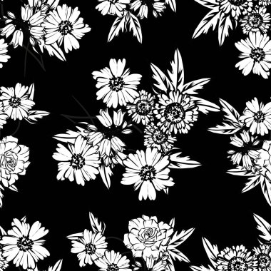 Sorunsuz vintage tarzı çiçek deseni. Siyah ve beyaz çiçek öğeleri.