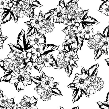 Sorunsuz vintage tarzı çiçek deseni. Siyah ve beyaz çiçek öğeleri.