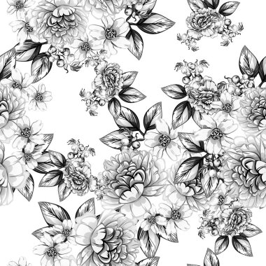 Sorunsuz vintage tarzı çiçek deseni. Siyah ve beyaz çiçek öğeleri.