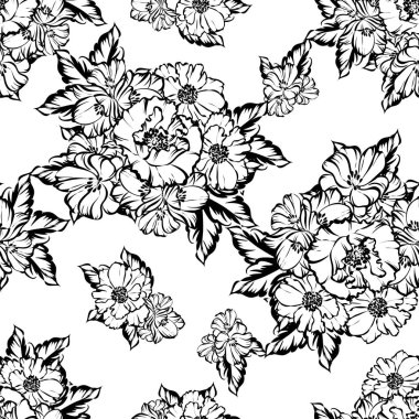 Sorunsuz vintage tarzı çiçek deseni. Siyah ve beyaz çiçek öğeleri.