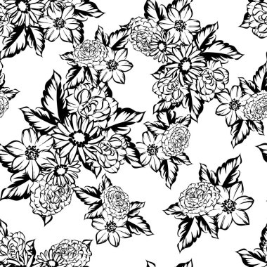 Sorunsuz vintage tarzı çiçek deseni. Siyah ve beyaz çiçek öğeleri.