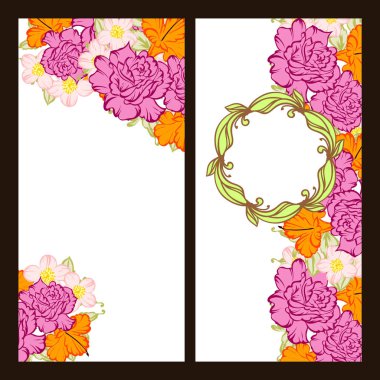 Klasik çiçek düğün kartları seti. Çiçek elementleri ve çerçeveleri.