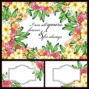 Klasik çiçek düğün kartları seti. Çiçek elementleri ve çerçeveleri.