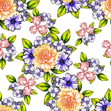 Sorunsuz vintage tarzı çiçek deseni. Renkli çiçek öğeleri