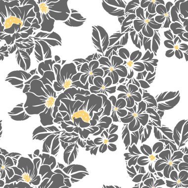 Sorunsuz vintage tarzı çiçek deseni. Siyah ve beyaz çiçek öğeleri.