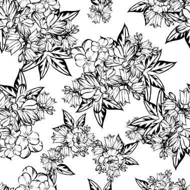 Sorunsuz vintage tarzı çiçek deseni. Siyah ve beyaz çiçek öğeleri.