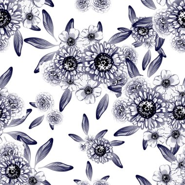 Sorunsuz vintage tarzı koyu mavi çiçek deseni. Çiçek öğeleri.