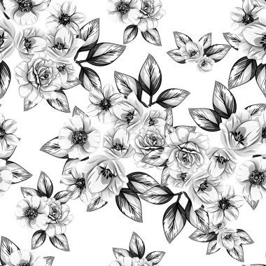 Sorunsuz vintage tarzı çiçek deseni. Siyah ve beyaz çiçek öğeleri.