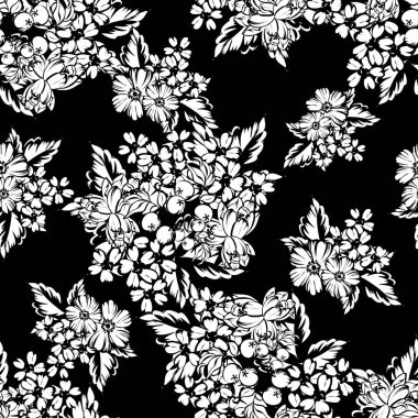 Sorunsuz vintage tarzı çiçek deseni. Siyah ve beyaz çiçek öğeleri.