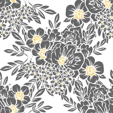 Sorunsuz vintage tarzı çiçek deseni. Siyah ve beyaz çiçek öğeleri.