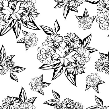 Sorunsuz vintage tarzı çiçek deseni. Siyah ve beyaz çiçek öğeleri.