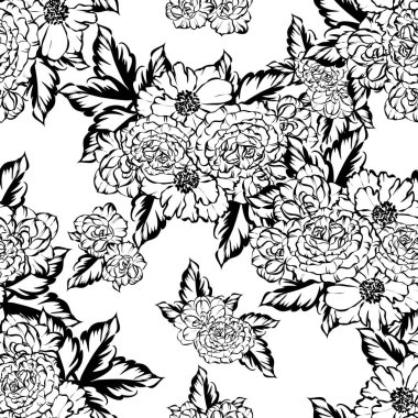 Sorunsuz vintage tarzı çiçek deseni. Siyah ve beyaz çiçek öğeleri.