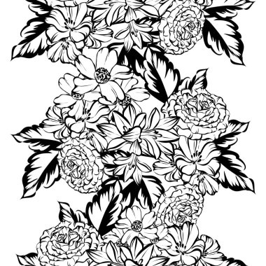 Sorunsuz vintage tarzı çiçek deseni. Siyah ve beyaz çiçek öğeleri.