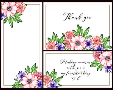 Klasik çiçek düğün kartları seti. Çiçek elementleri ve çerçeveleri.