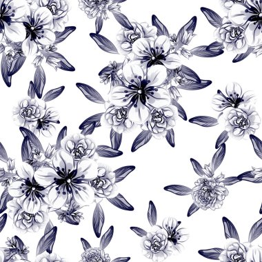 Sorunsuz vintage tarzı koyu mavi çiçek deseni. Çiçek öğeleri.