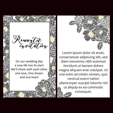 Siyah-beyaz klasik çiçek düğün kartları. Çiçek elementleri ve çerçeveleri.