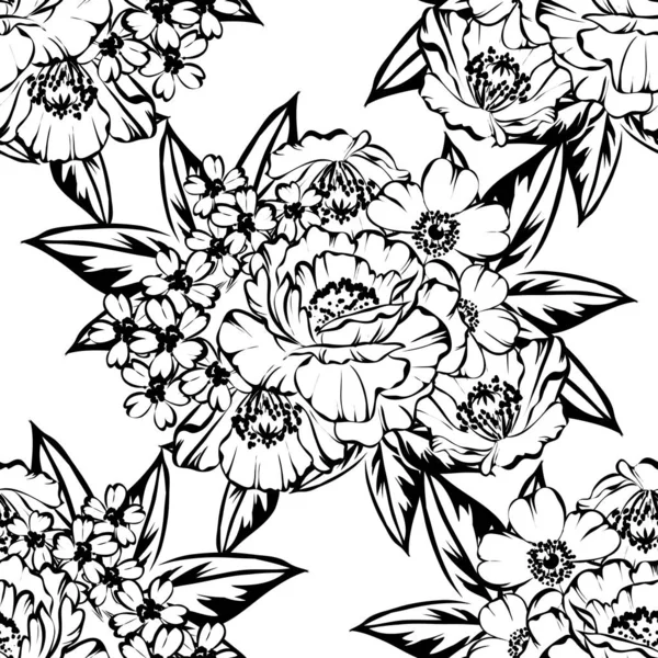 Patrón Flores Estilo Vintage Sin Costuras Elementos Florales Blanco Negro — Vector de stock