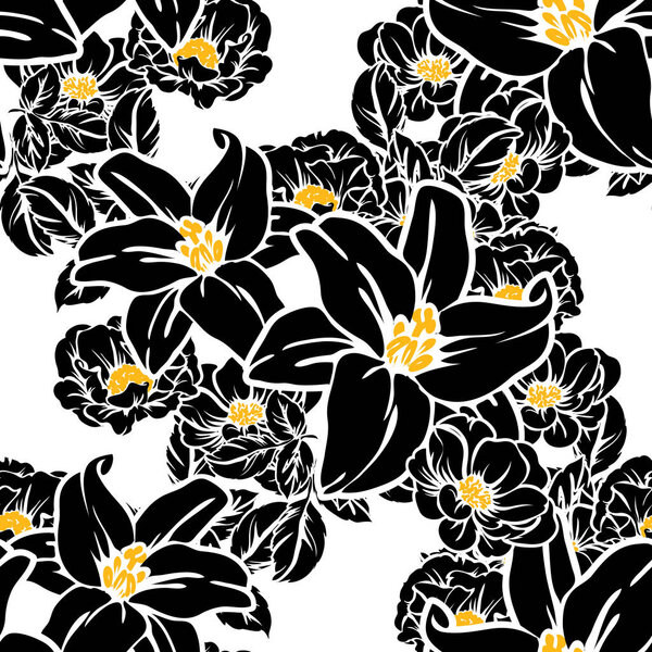 Seamless vintage style flower pattern. Floral elements in black and white.