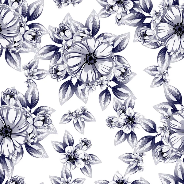 Estilo Vintage Sin Costuras Patrón Flores Azul Oscuro Elementos Florales — Vector de stock