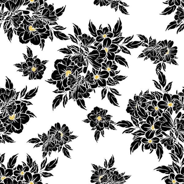 Padrão Flor Estilo Vintage Sem Costura Elementos Florais Preto Branco — Vetor de Stock