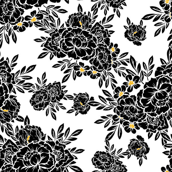 Seamless vintage style flower pattern. Floral elements in black and white.