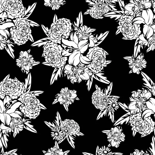 Nahtlose Blumenmuster Vintage Stil Florale Elemente Schwarz Und Weiß — Stockvektor