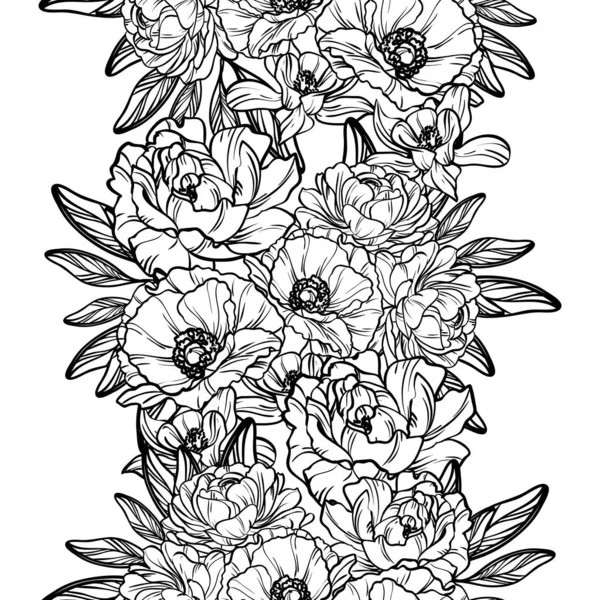 Patrón Flores Estilo Vintage Sin Costuras Elementos Florales Blanco Negro — Vector de stock