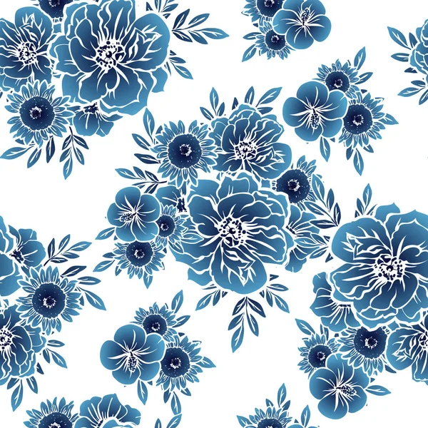 Seamless Vintage Style Dark Blue Flower Pattern Floral Elements — Stock Vector