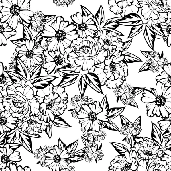 Patrón Flores Estilo Vintage Sin Costuras Elementos Florales Blanco Negro — Vector de stock