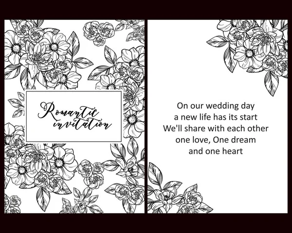 Cartes Mariage Fleurs Style Vintage Noir Blanc Eléments Floraux Cadres — Image vectorielle