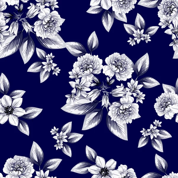 Style Vintage Sans Couture Motif Fleurs Bleu Foncé Éléments Floraux — Image vectorielle