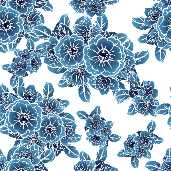 Estilo Vintage Sem Costura Padrão Flor Azul Escuro Elementos Florais —  Vetores de Stock