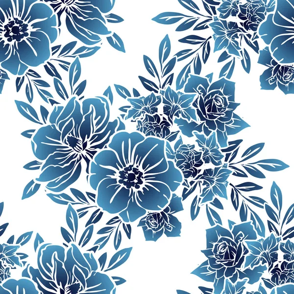 Estilo Vintage Sin Costuras Patrón Flores Azul Oscuro Elementos Florales — Vector de stock