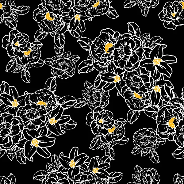 Modèle Fleur Style Vintage Sans Couture Eléments Floraux Noir Blanc — Image vectorielle