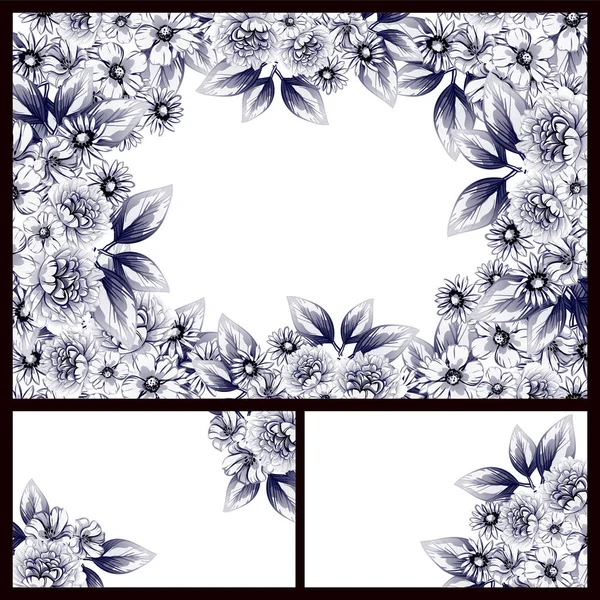 Blume Vintage Stil Dunkelblau Hochzeitskarten Set Florale Elemente Und Rahmen — Stockvektor