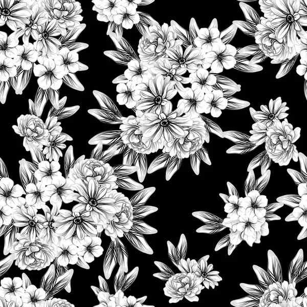 Naadloze Vintage Stijl Bloemenpatroon Floral Elementen Zwart Wit — Stockvector