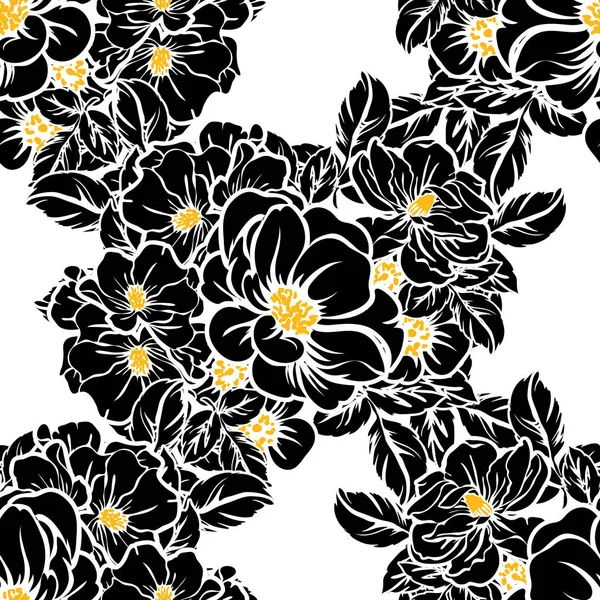 Modèle Fleur Style Vintage Sans Couture Eléments Floraux Noir Blanc — Image vectorielle