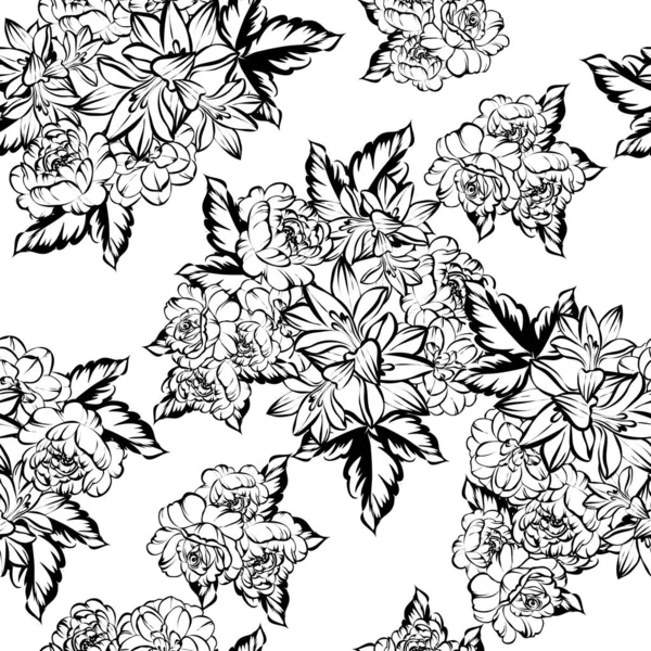 Patrón Flores Estilo Vintage Sin Costuras Elementos Florales Blanco Negro — Archivo Imágenes Vectoriales