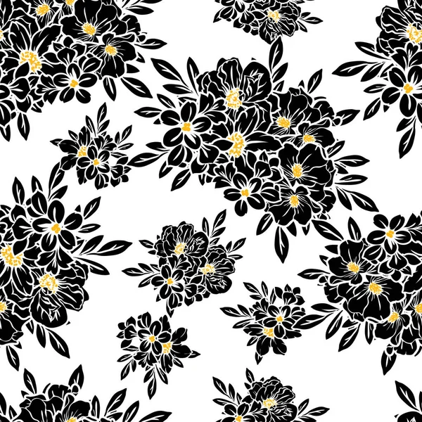 Modello Fiore Stile Vintage Senza Cuciture Elementi Floreali Bianco Nero — Vettoriale Stock