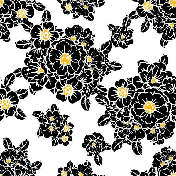 Padrão Flor Estilo Vintage Sem Costura Elementos Florais Preto Branco — Vetor de Stock