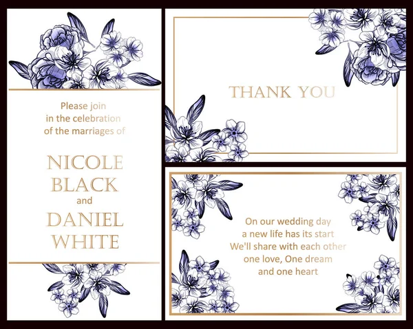 Vintage Style Flower Dark Blue Wedding Cards Set Floral Elements — Stock Vector