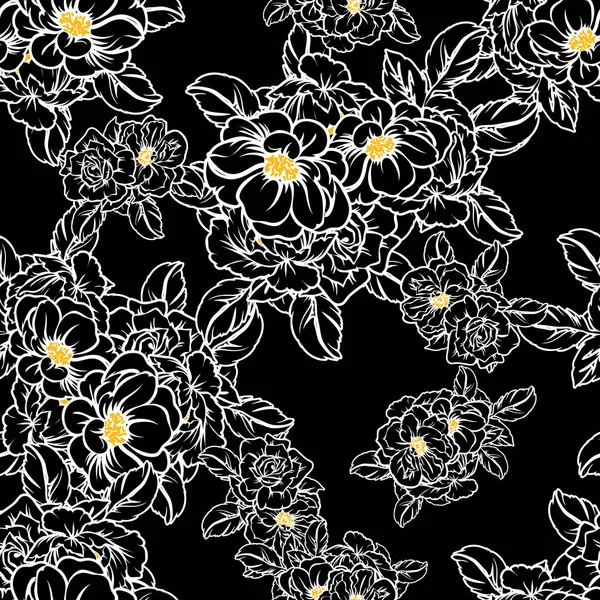 Modèle Fleur Style Vintage Sans Couture Eléments Floraux Noir Blanc — Image vectorielle