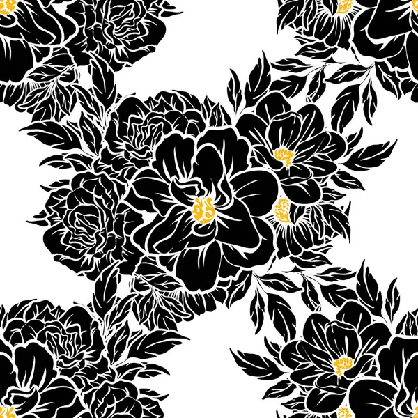 Patrón Flores Estilo Vintage Sin Costuras Elementos Florales Blanco Negro — Vector de stock