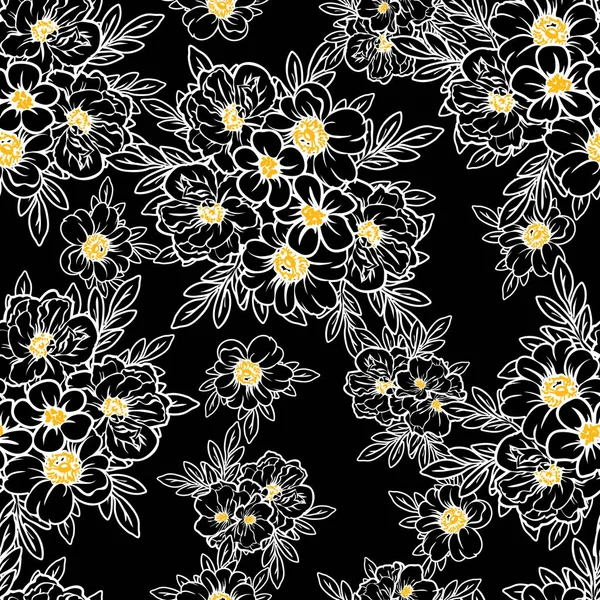 Modèle Fleur Style Vintage Sans Couture Eléments Floraux Noir Blanc — Image vectorielle